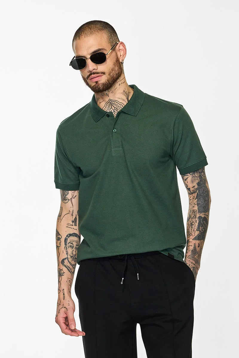 SNITCH Core Lab Dark Green Solid Polo T-Shirt